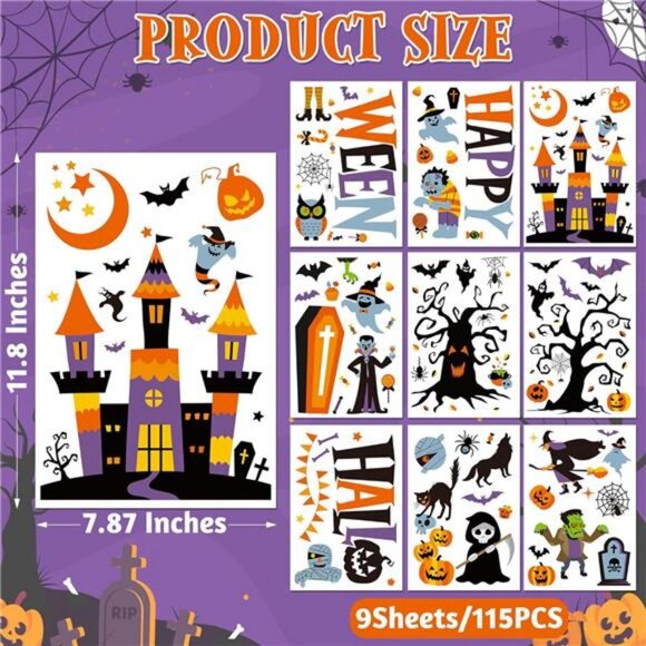 115PCS Halloween Window Clings, 9 Sheets Halloween Decorations, Cute Witch Tree - Picture 2 of 8